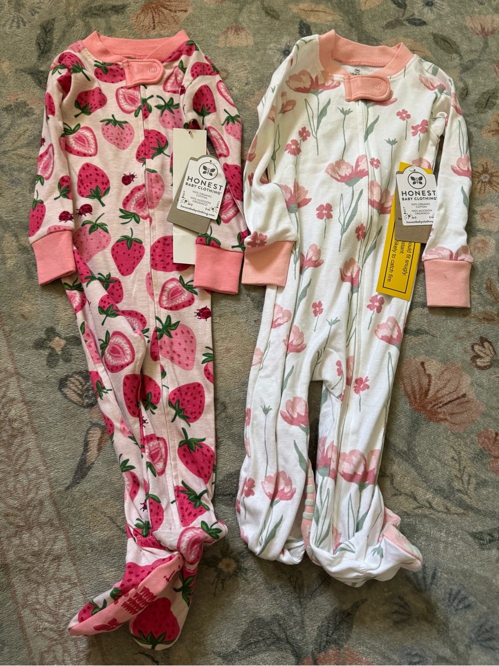 The Honest Company Pink Strawberry & Floral 12 month Footed Pajama Set